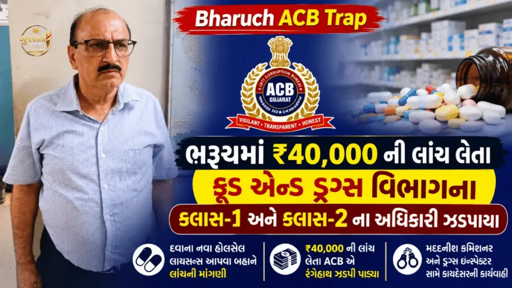 Bharuch ACB Trap: ભરૂચમાં ₹40,000ની લાંચ લેતા ફૂડ એન્ડ ડ્રગ્સ વિભાગના બે અધિકારી ઝડપાયા