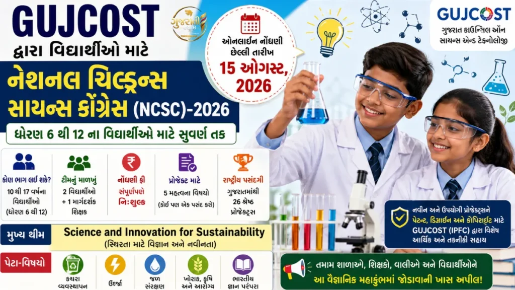 GUJCOST: ધોરણ 6થી 12ના વિદ્યાર્થીઓ માટે સુવર્ણ તક, National Children’s Science Congress 2026 માટે 15 ઓગસ્ટ સુધી મફત નોંધણી