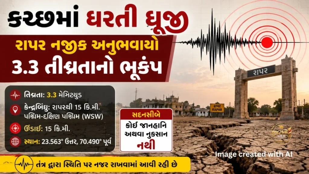 Kutch Earthquake News: કચ્છના રાપર નજીક 3.3ની તીવ્રતાનો ભૂકંપ, કોઈ જાનહાનિ નહીં